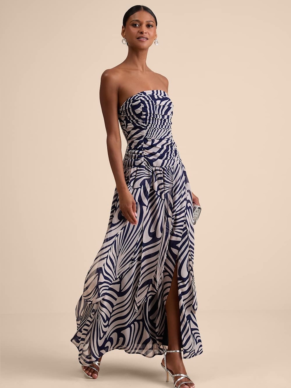 Lulus Calista Navy Blue White Abstract Print Strapless Maxi Dress Drop Waist M